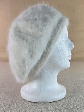 Rabbit Hair Beret White Angora Style Womens Soft Fuzzy Knit Hat Cap